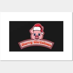 Sticker and Label Of  Pig Character Design and Merry Christmas Text. Posters and Art